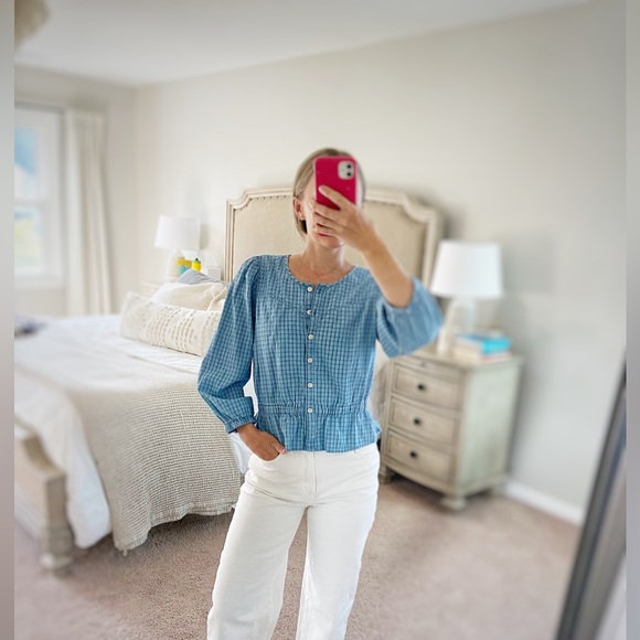 Madewell Chambray Puff-Sleeve Peplum Top in Windowpane - Picture 3 of 5
